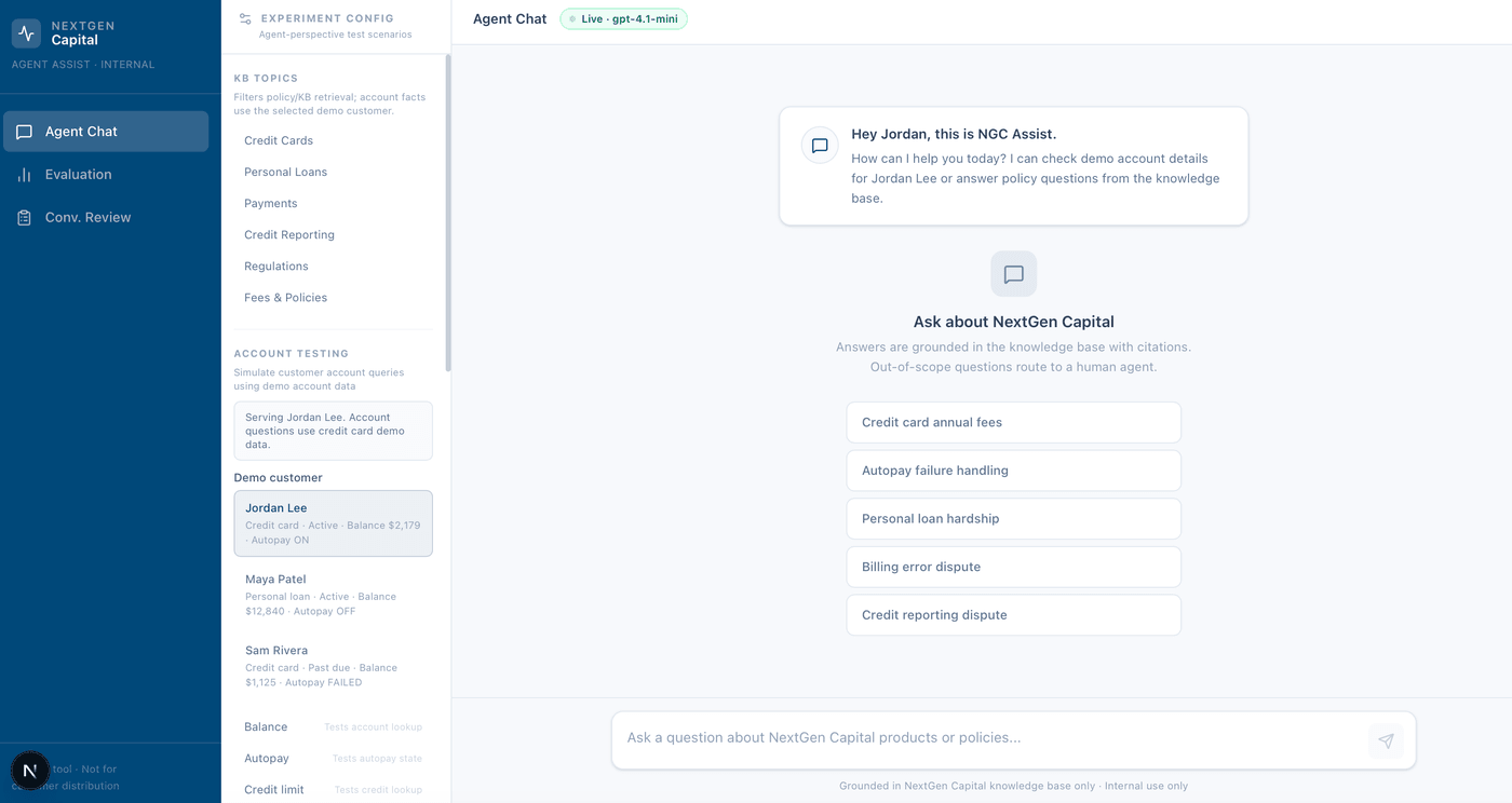 The agent assist view before a question comes in, with knowledge-base topics and demo accounts in the sidebar